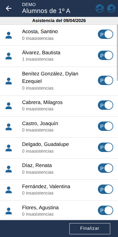 Registro de asistencia del curso